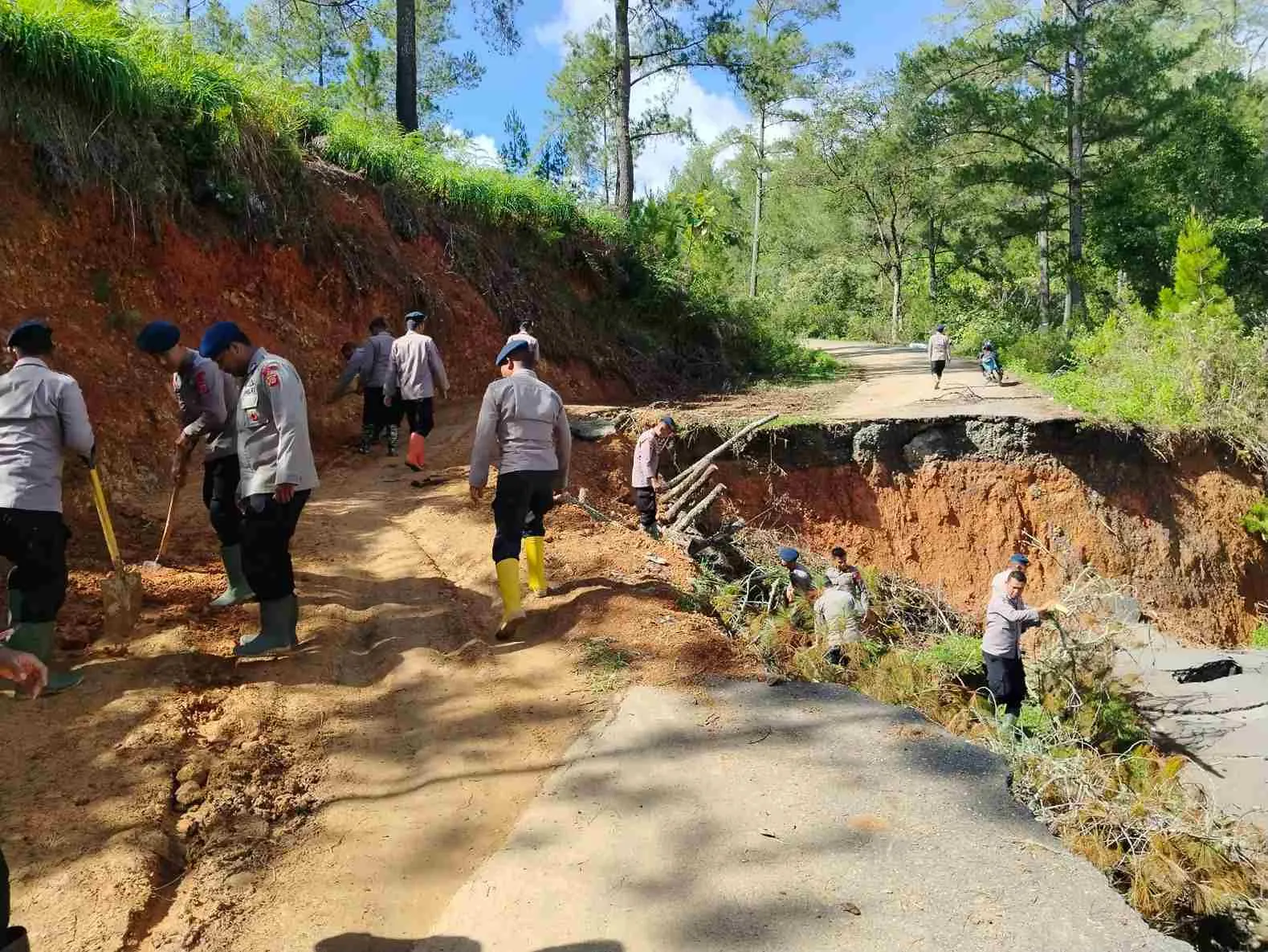 Polri di Aceh Tengah Hadir Pulihkan Akses Jalan Tertutup Pohon Tumbang dan Jalan Putus