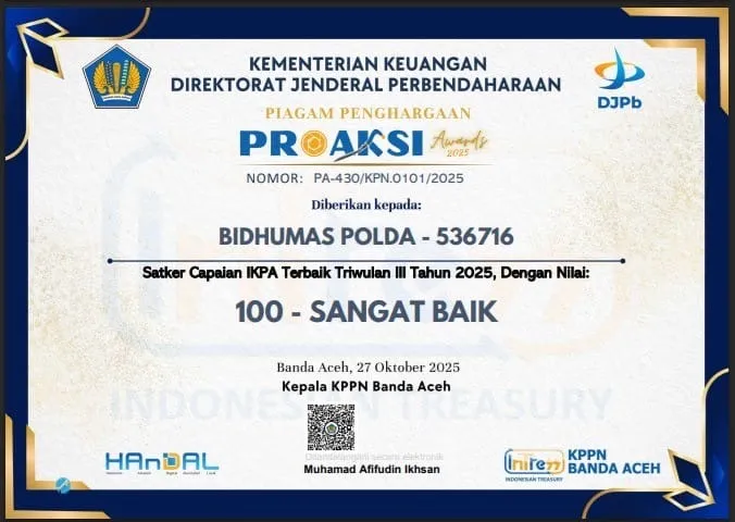 Bidhumas Polda Aceh Raih Penghargaan sebagai Satker dengan Capaian IKPA Sangat Baik